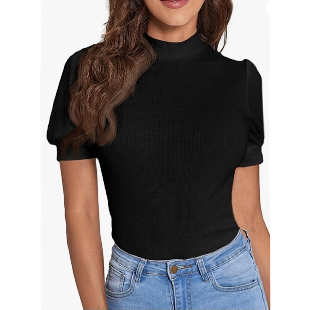 🎉Mock Neck Puff Short Sleeve Top, Women’s Size XL, Black